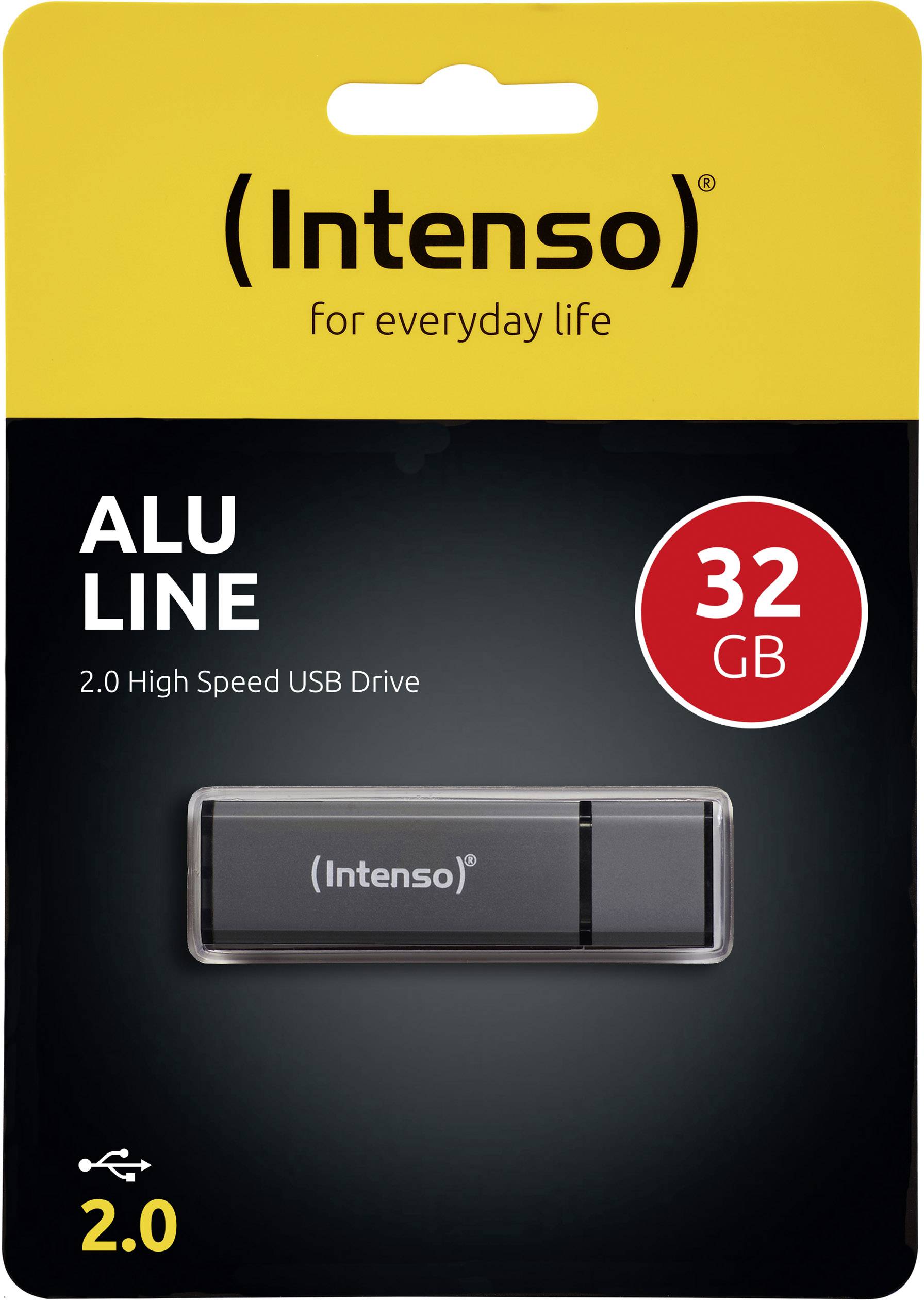 Une clé USB 2.0 Intenso ALU LINE de 32 Go en boîtier noir, adaptée à une utilisation quotidienne.