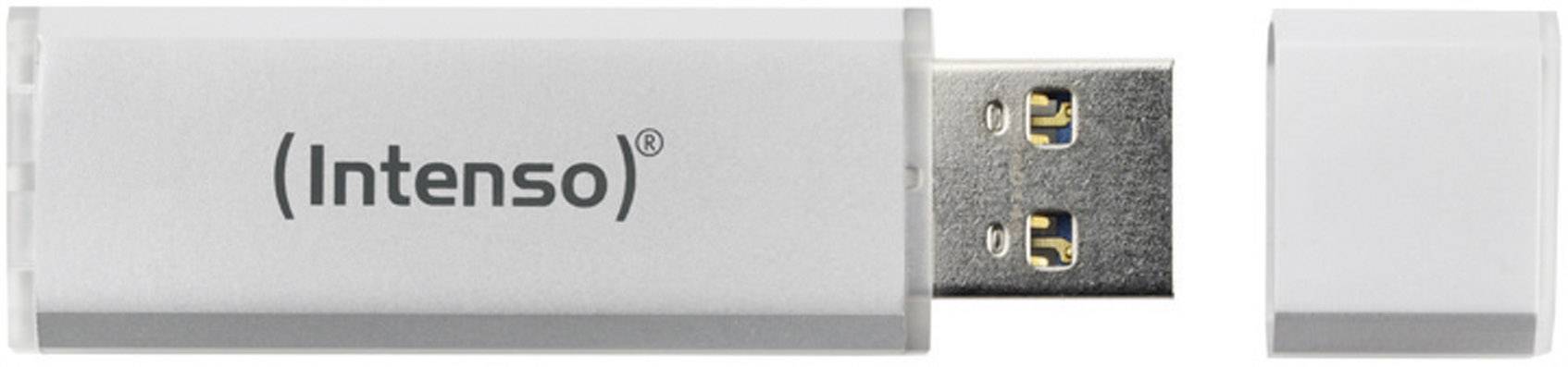 Une clé USB de la marque Intenso, de couleur argent, avec son capuchon retiré.