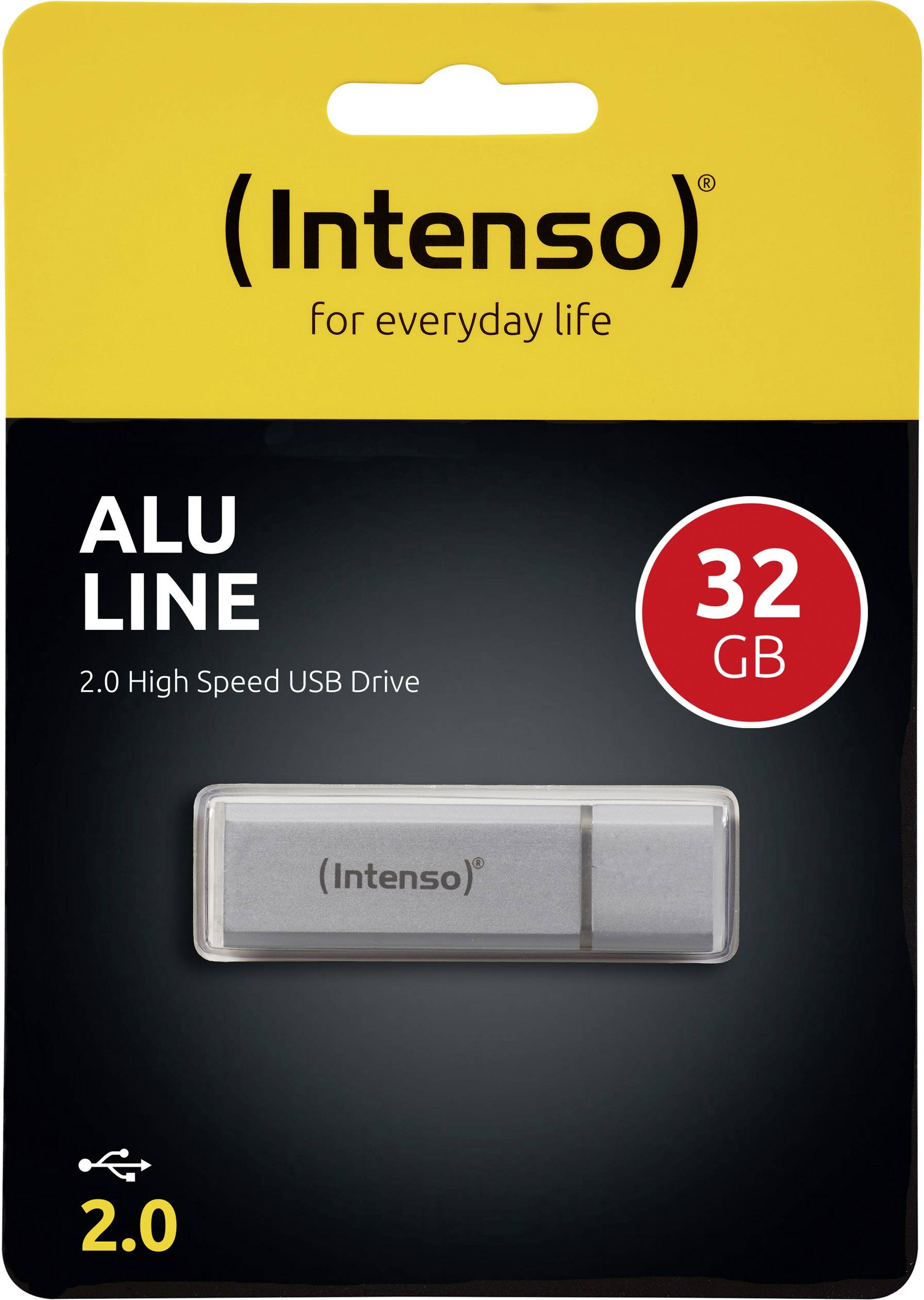 'Clé USB Intenso ALU LINE 32 Go, 2.0 Haute Vitesse, en version argentée, sur fond noir. L'emballage indique la capacité.'