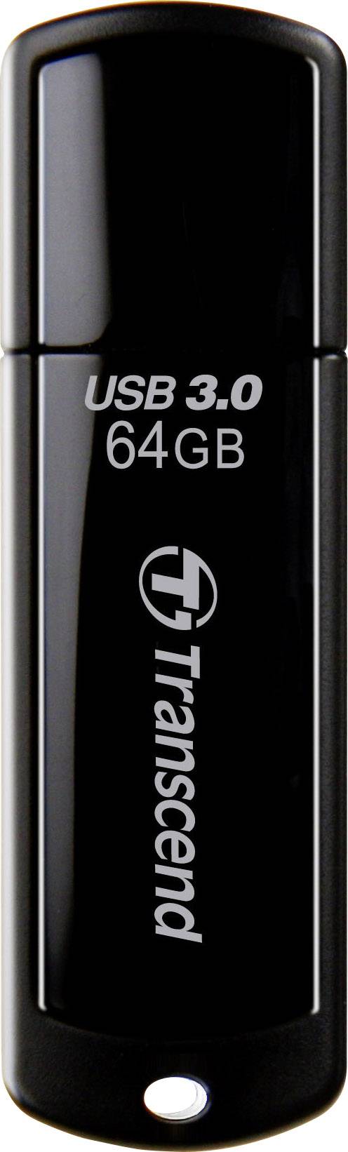 Clé USB noire avec l'inscription 'USB 3.0 64Go' et le logo Transcend.
