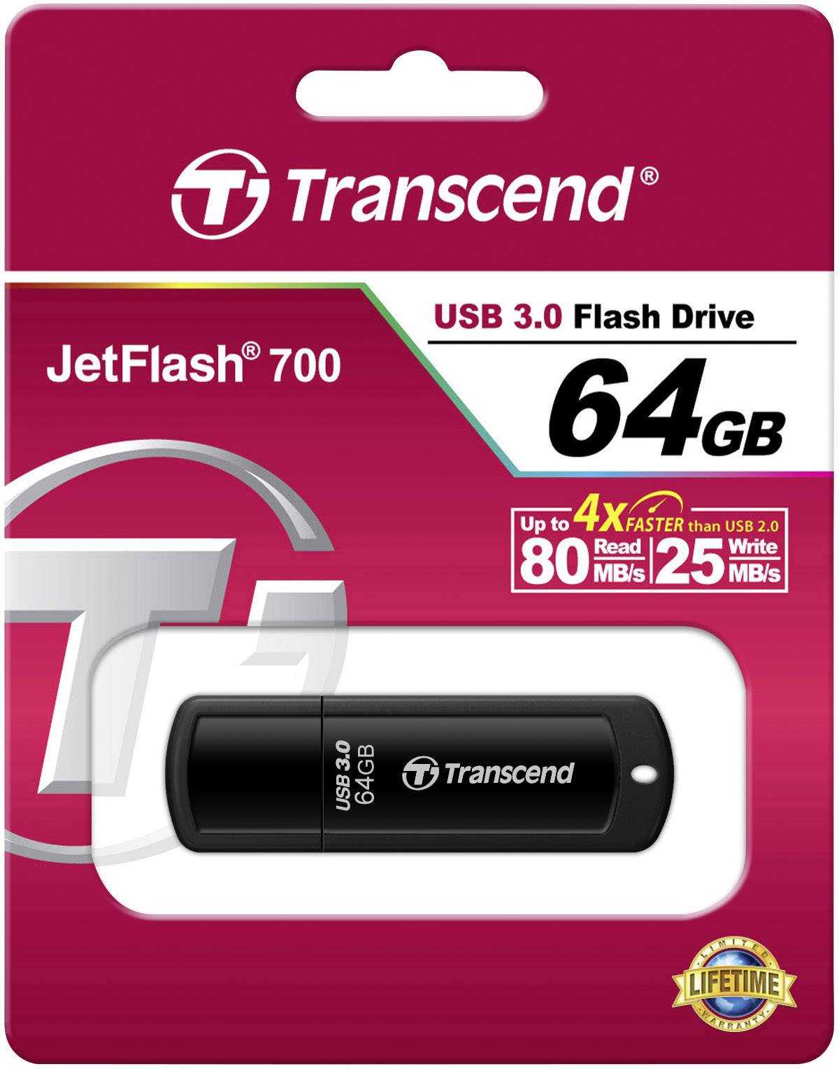 'Transcend JetFlash 700 USB 3.0 64 Go Clé USB en emballage. Jusqu'à 4 fois plus rapide que l'USB 2.0, vitesse de lecture de 80 Mo/s et vitesse d'écriture de 25 Mo/s.'