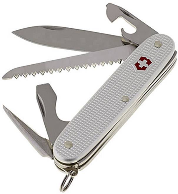 Couteau suisse multifonction avec plusieurs outils dépliés, dont une lame, une scie et un ouvre-boîte, sur fond blanc.