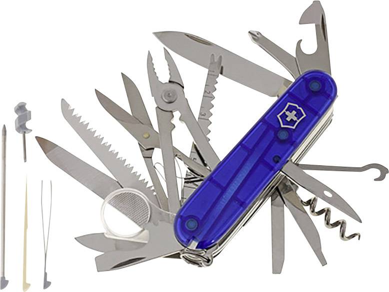 Un couteau multifonction bleu déplié, avec de nombreux outils tels que lame, ciseaux, scie et tire-bouchon.