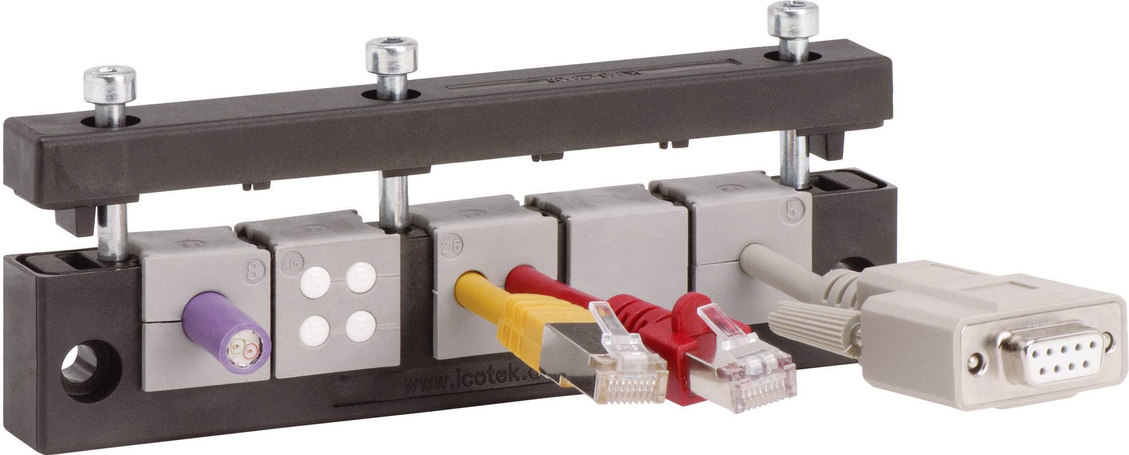 Un système de passage de câbles avec quatre connexions différentes : violet, jaune, gris et un connecteur VGA classique sur la droite.