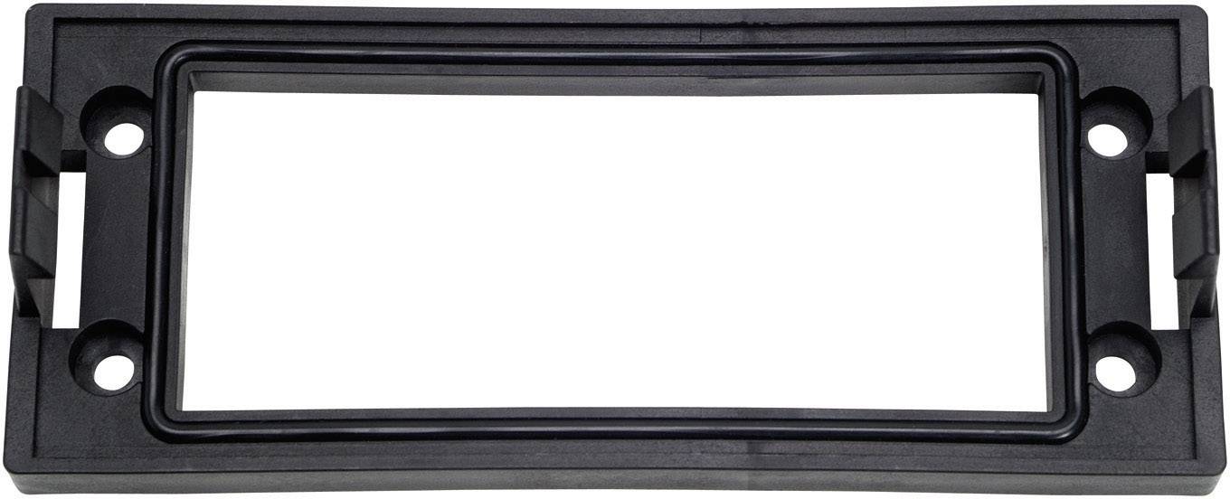 Cadre rectangulaire noir en plastique avec quatre trous de vis aux coins, adapté pour la fixation ou le support d'un appareil.