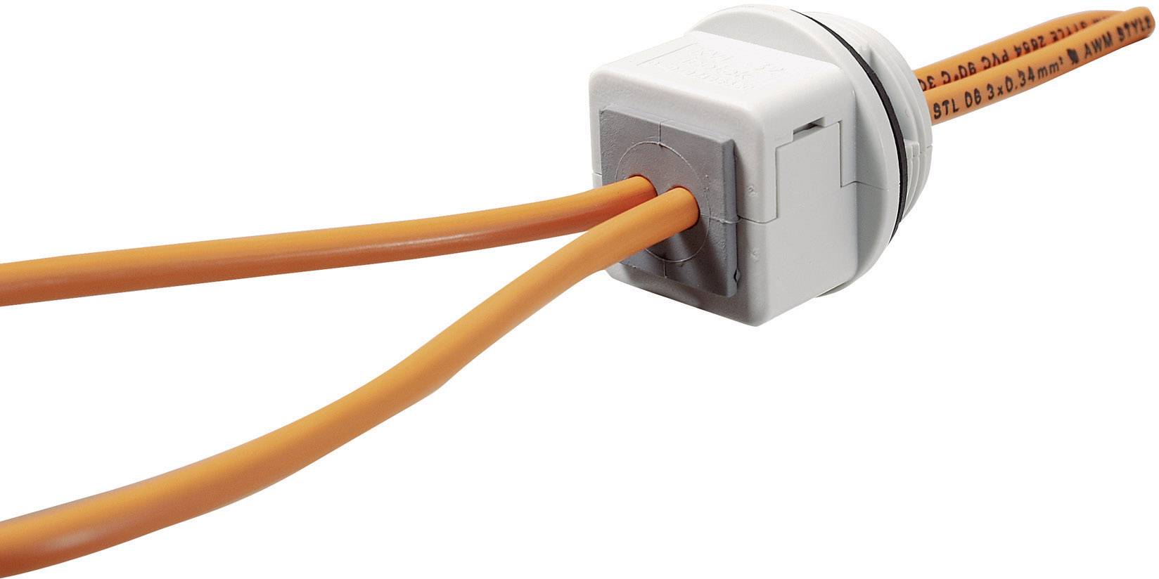 Un câble double orange est inséré dans un passe-câble blanc. Le passe-câble possède un boîtier rond.