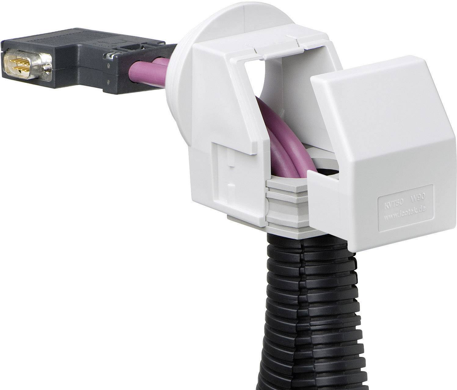 Un câble est passé à travers un passe-câble blanc avec couvercle. Un connecteur noir est fixé à gauche.