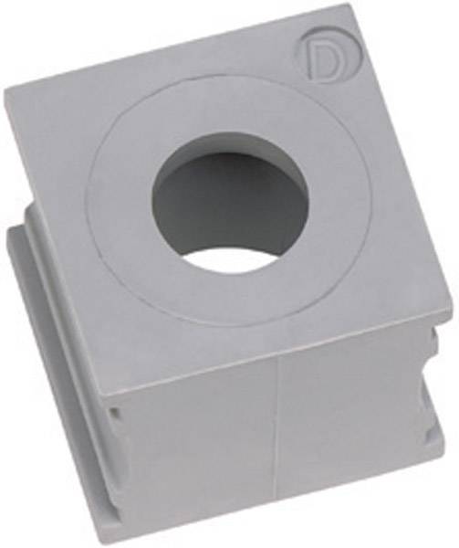 Composant carré en plastique gris avec un trou rond au centre et un 'D' imprimé dans le coin.