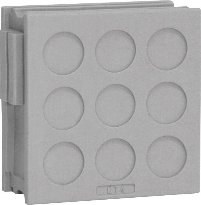 Pièce en plastique grise de forme carrée avec neuf cavités circulaires et l'inscription 'DT4' sur le bord inférieur.