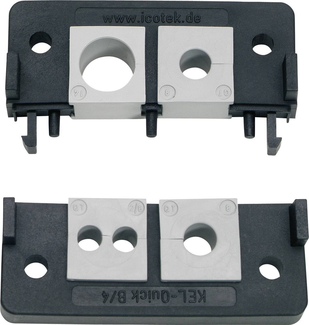 Deux supports noirs avec des modules d'insertion gris et blancs pour passages de câbles, sur lesquels sont inscrits 'KEL-QUICK 8/4' et 'www.icotek.de'.