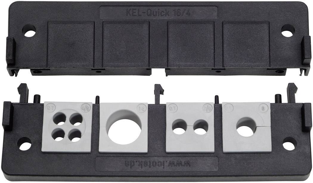 Une plaque en plastique noir avec quatre insertions grises permettant différents passages de câbles. Partie supérieure retirée.