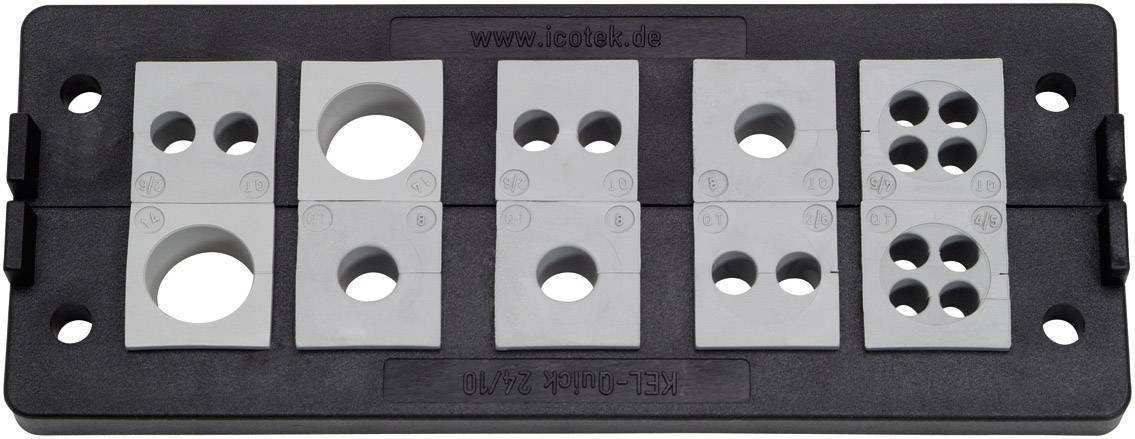 Système de passage de câbles avec différents inserts d'étanchéité dans un support rectangulaire pour la gestion des câbles.