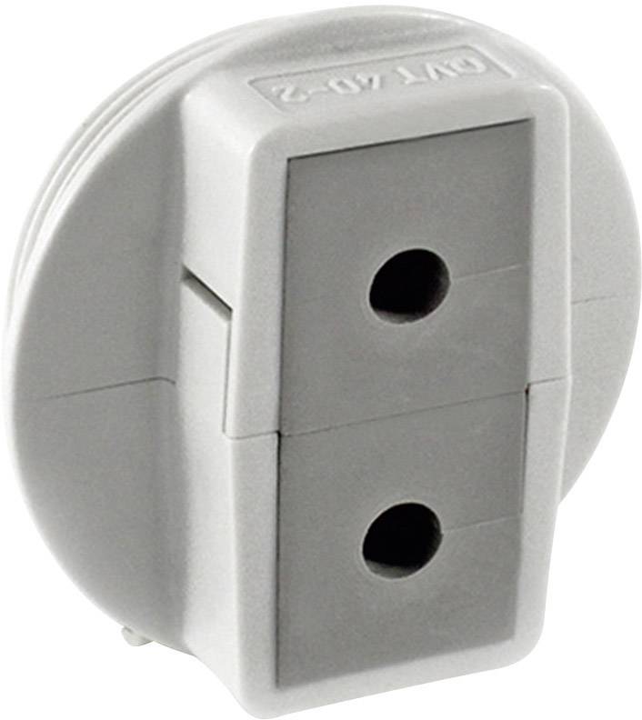 Adaptateur rond gris avec deux emplacements circulaires, adapté pour connecter des appareils électriques présentant différents formats de prises.