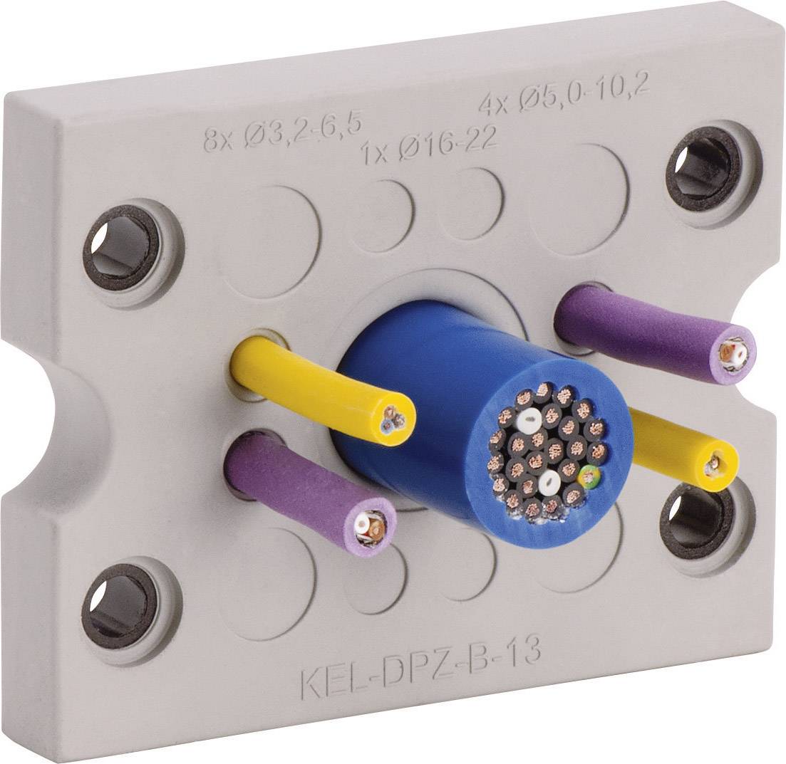 Presse-étoupe avec plusieurs câbles colorés dans un support rectangulaire, adapté pour des diamètres de câble de 3 à 22 mm.