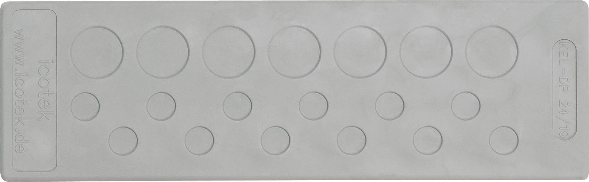 Plaque de caoutchouc grise, plate, teintée dans la masse, présentant différentes découpes circulaires de tailles variées. Porte l'inscription 'icotek'.