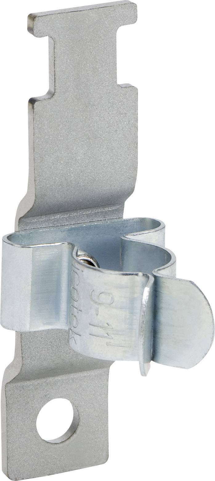 Agrafe métallique à structure plate, avec un trou sur le bord inférieur et une pince à ressort au centre, utilisée pour la fixation.