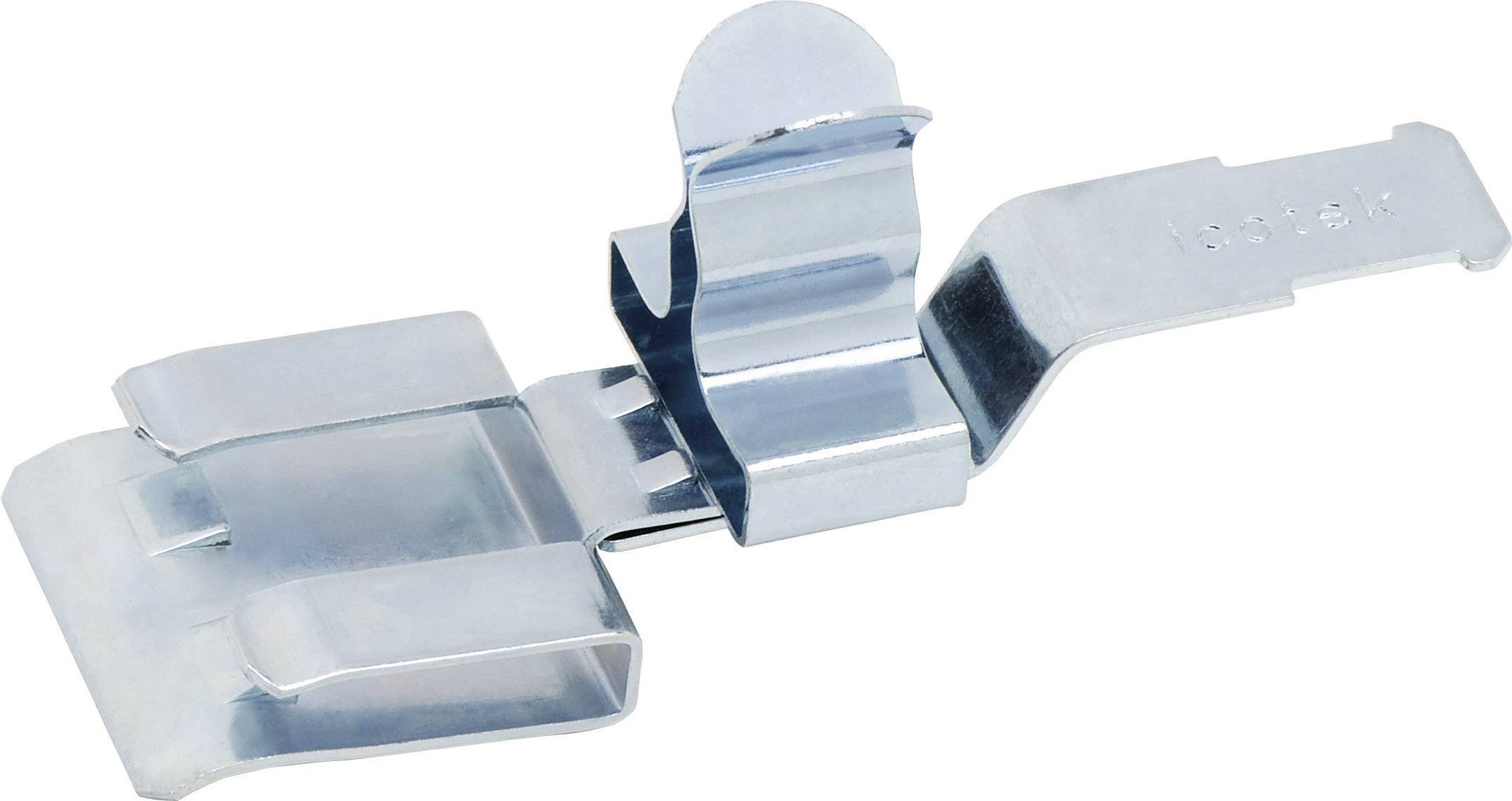 Support de clip métallique, couleur argent, avec charnière flexible permettant de fixer des câbles ou de petits objets sur différentes surfaces.