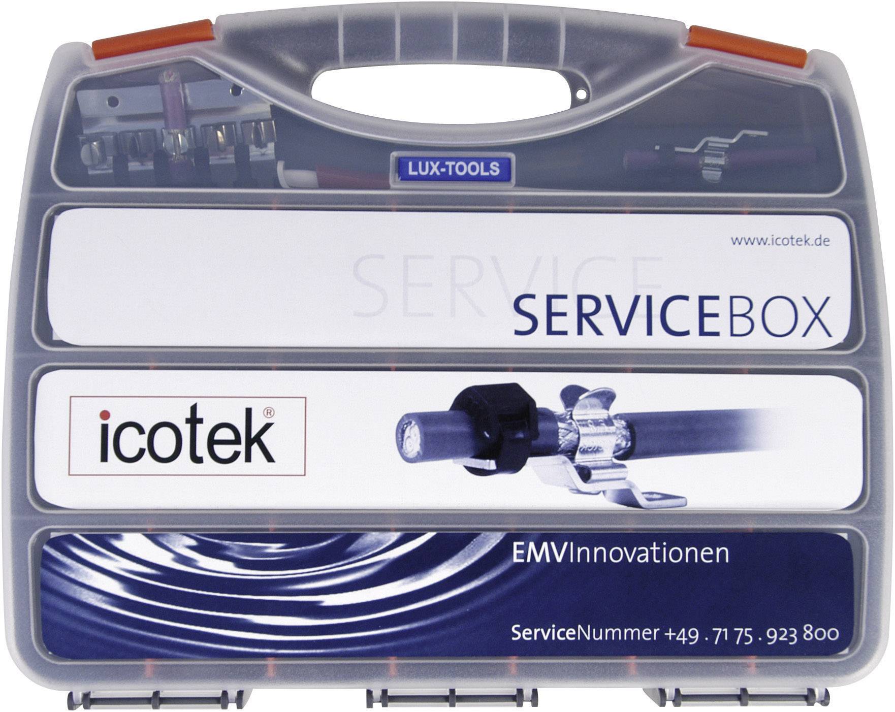 'Lux-Tools SERVICEBOX' avec logo icotek et coordonnées de contact. Contient des innovations CEM. Numéro de téléphone : +49 7175 923800.