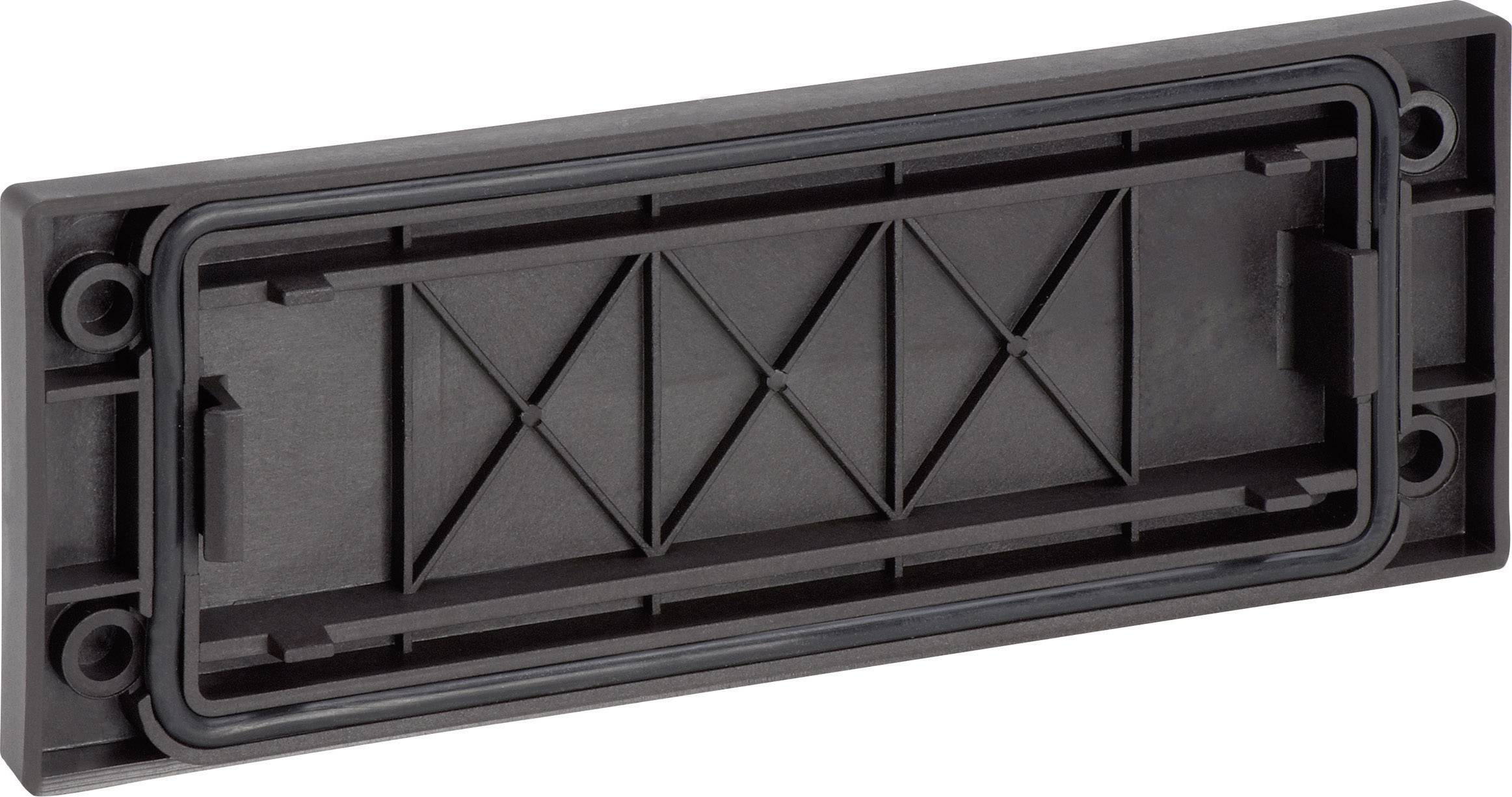 Couvercle noir rectangulaire en plastique avec des trous de vis sur les côtés et un motif de renfort en forme de X au centre.