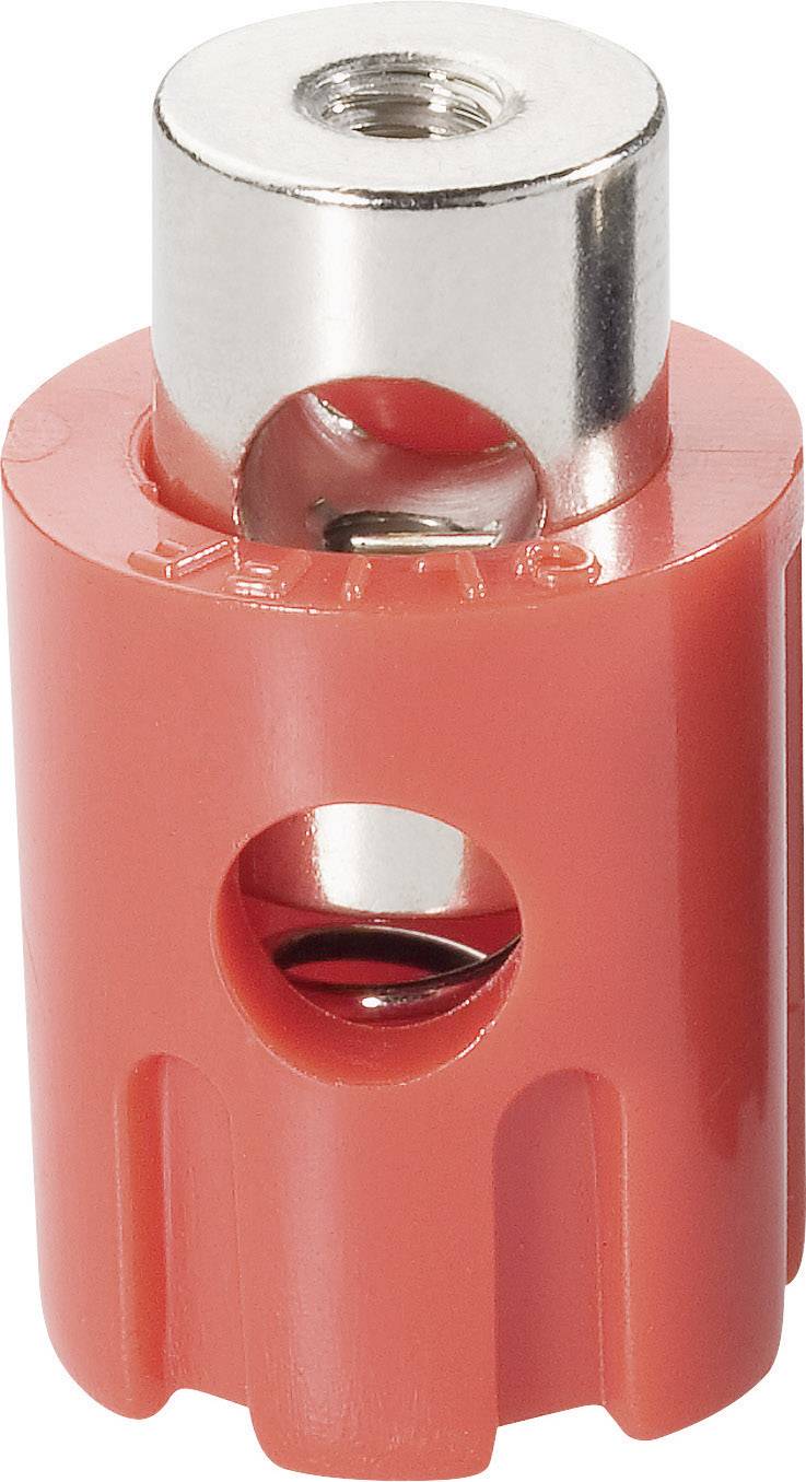 Un embout de connexion cylindrique rouge et argenté avec des trous et un ressort à l'intérieur, utilisé à des fins de fixation.