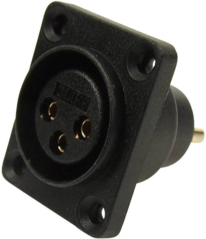 Connecteur XLR noir à trois broches dorées, couramment utilisé dans les applications audio et vidéo pour un câblage professionnel.
