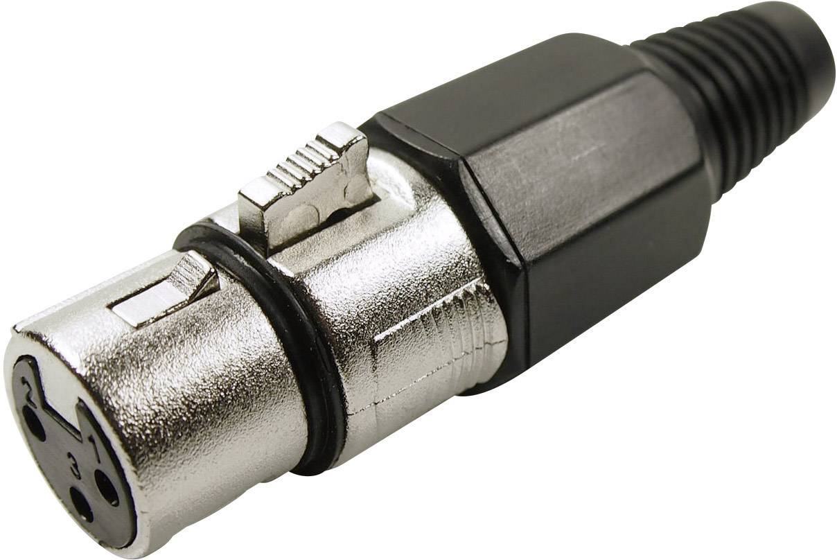 Un connecteur XLR avec un boîtier métallique argenté et une partie en plastique noir. Fréquemment utilisé dans les techniques audio pour les microphones et les connexions de câbles.