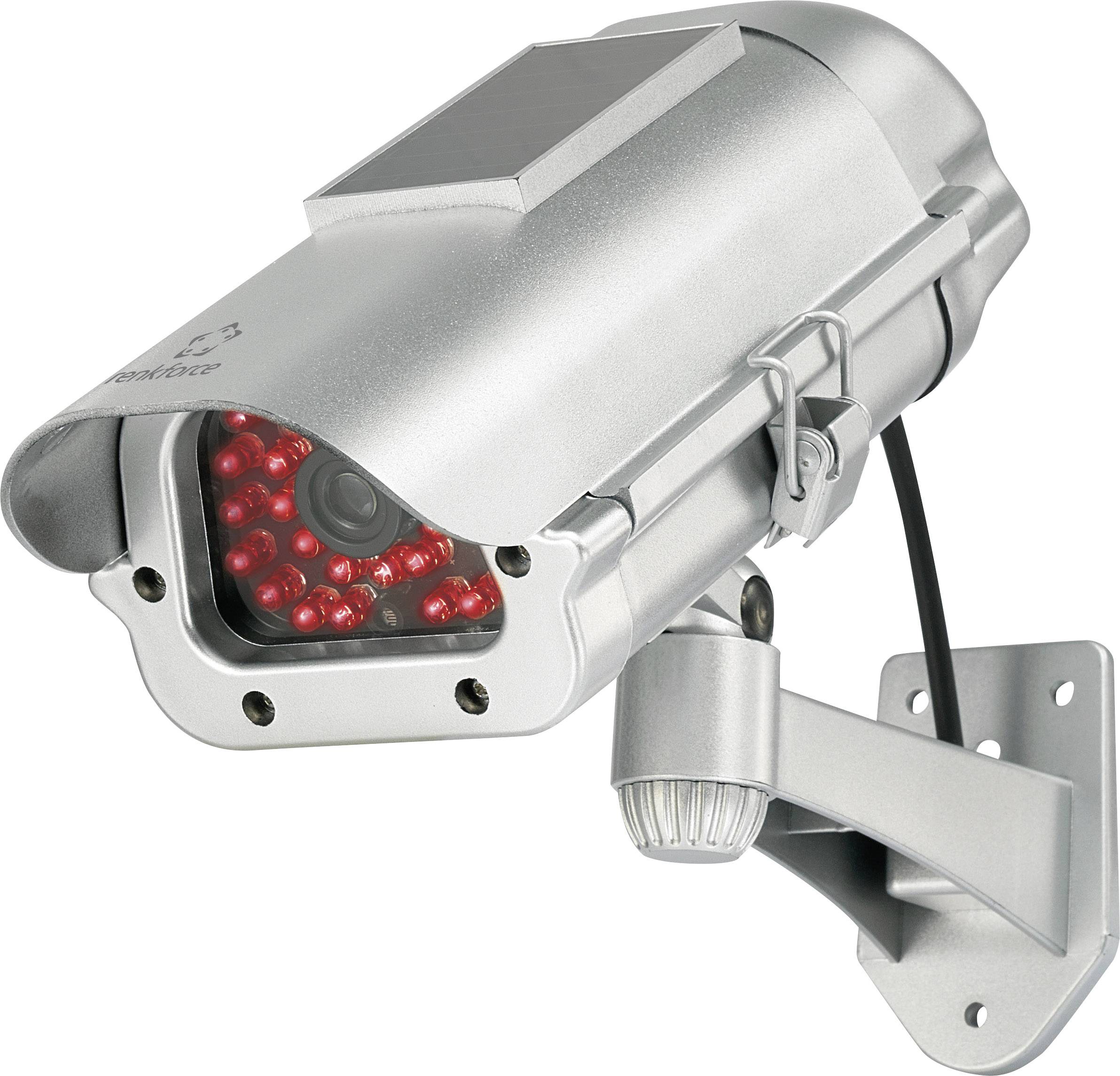 Caméra de surveillance équipée de fonctions de vision nocturne, montée sur un mur. Elle possède un boîtier argenté et des voyants LED rouges autour de l'objectif.
