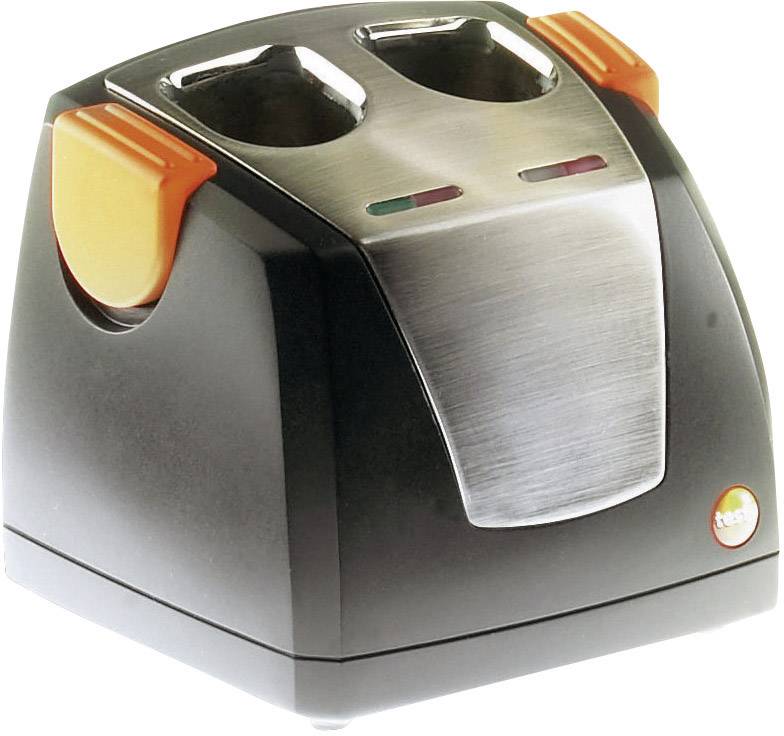 Affûteur de couteaux électrique en noir avec façade en acier inoxydable et accents orange. Deux fentes pour affûter, avec des voyants LED sur le dessus.