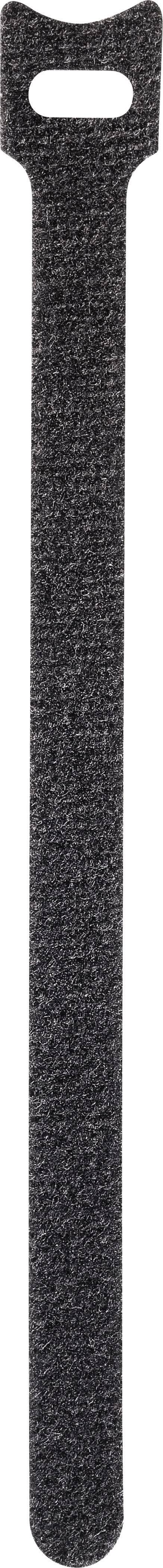 Bande de fermeture auto-agrippante noire en orientation verticale ; utilisée pour regrouper ou fixer des câbles ou d'autres objets.