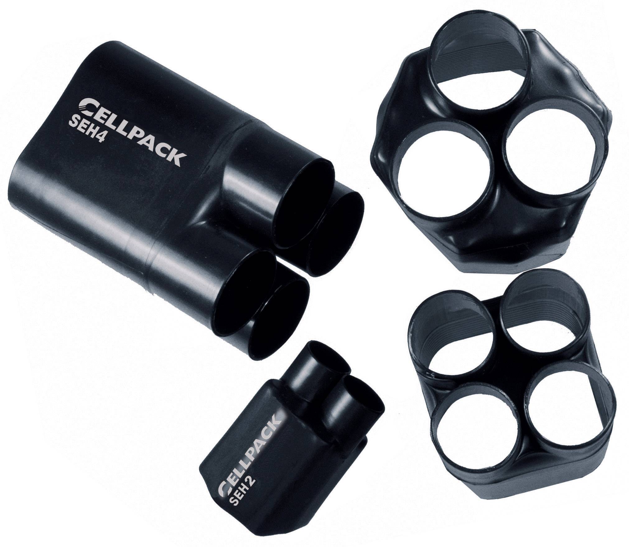 Quatre gaines thermorétractables noires de différentes tailles de Cellpack, chacune avec plusieurs ouvertures pour l'isolation des câbles.