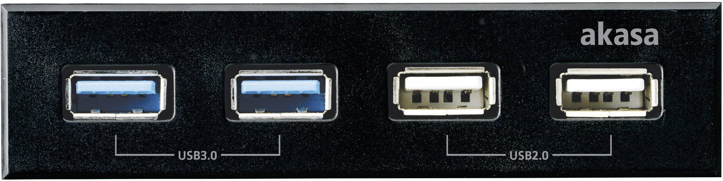 Quatre ports USB sur un panneau avant, deux à gauche sont des ports USB 3.0 avec marquage bleu, deux à droite sont des ports USB 2.0.