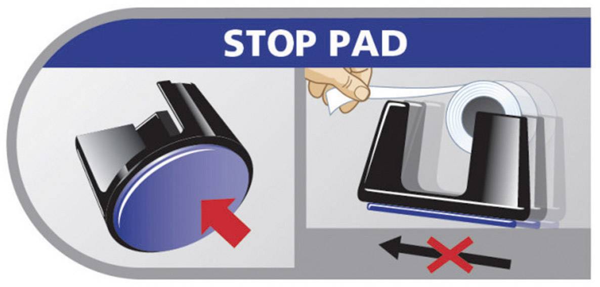 Un STOP PAD est apposé en séparant le tampon d'un rouleau et en le pressant contre un bord. Un symbole d'arrêt signale son application.