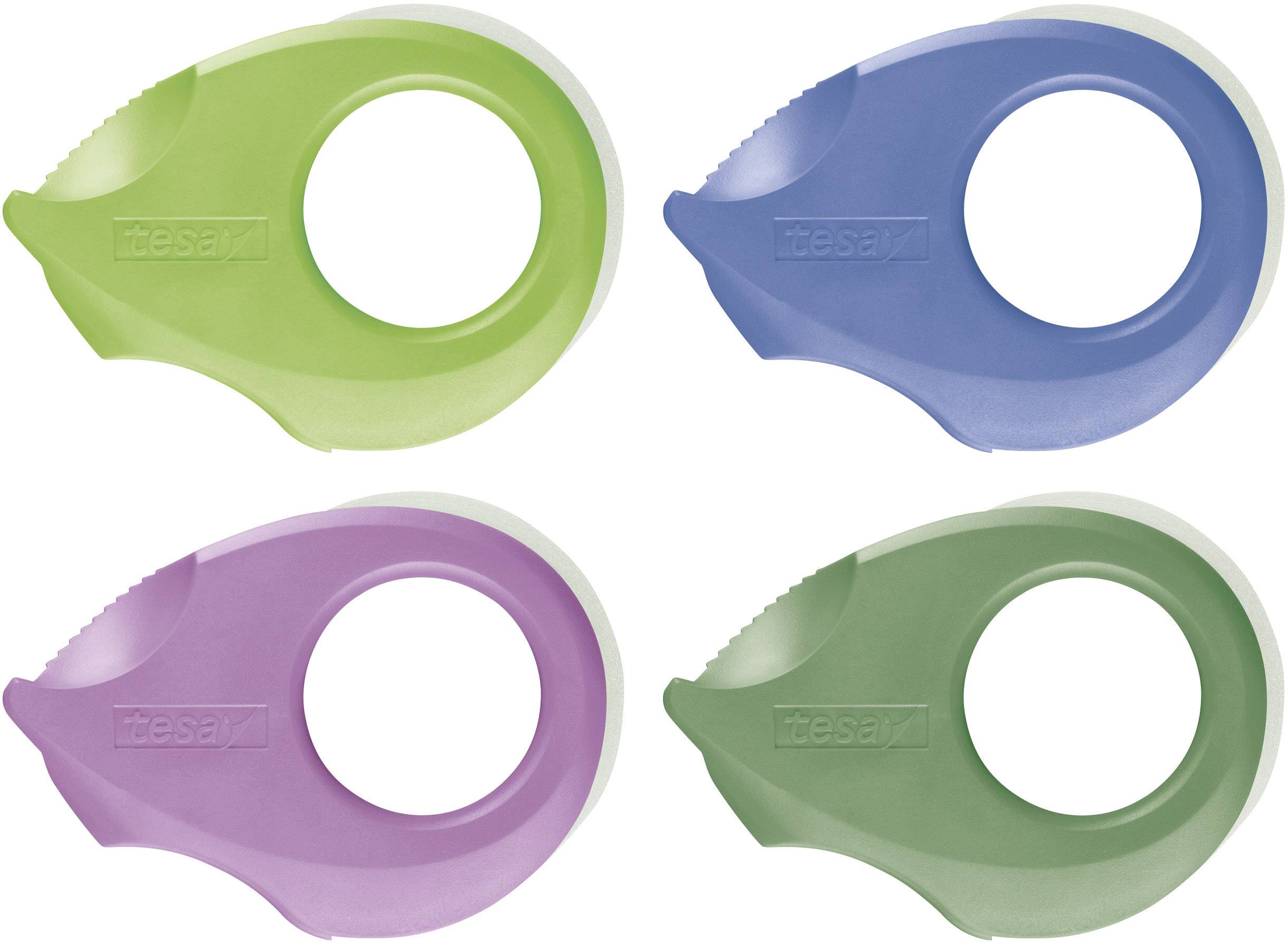 Quatre rouleaux de ruban adhésif colorés en vert, bleu, rose et vert foncé sont disposés côte à côte. Chaque rouleau présente une ouverture ovale.