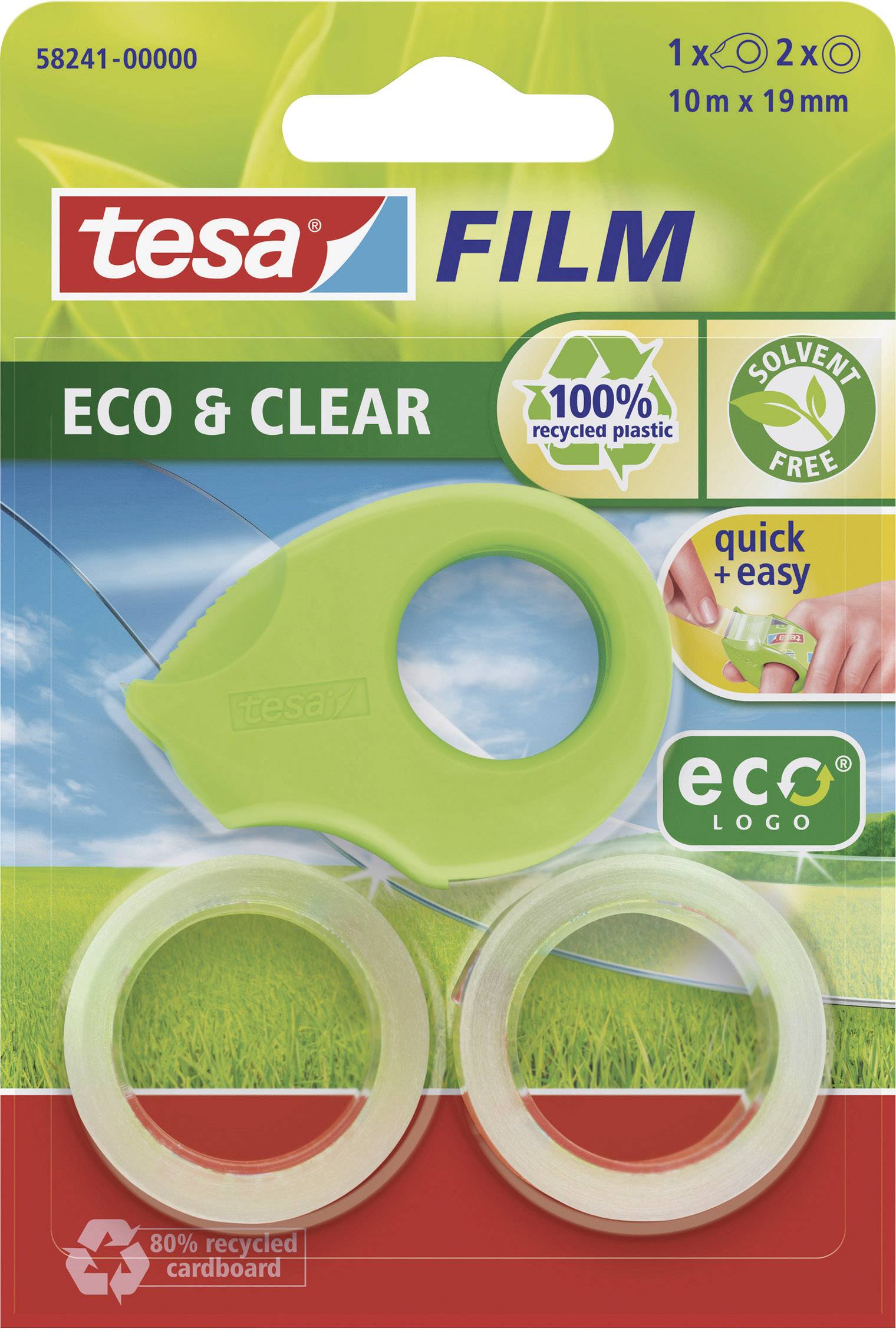 Emballage de Film Tesa Eco & Clear : Deux rouleaux de ruban adhésif avec dévidoir vert. Fabriqué à 100% à partir de plastique recyclé, sans solvant.