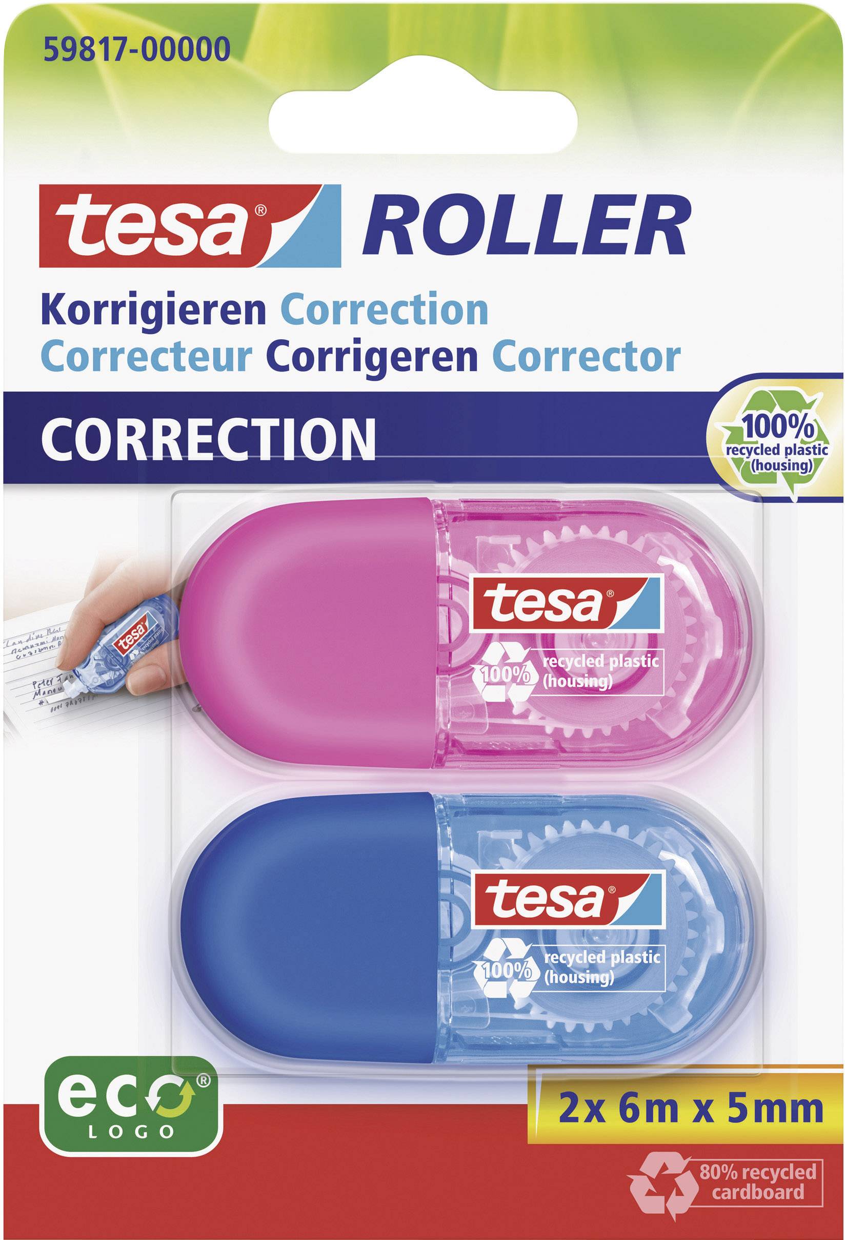 Roller correcteur ecoLogo® tesa 59817-00000-00 bleu, rose (L x l) 6 m x 5 mm 2 pc(s)
