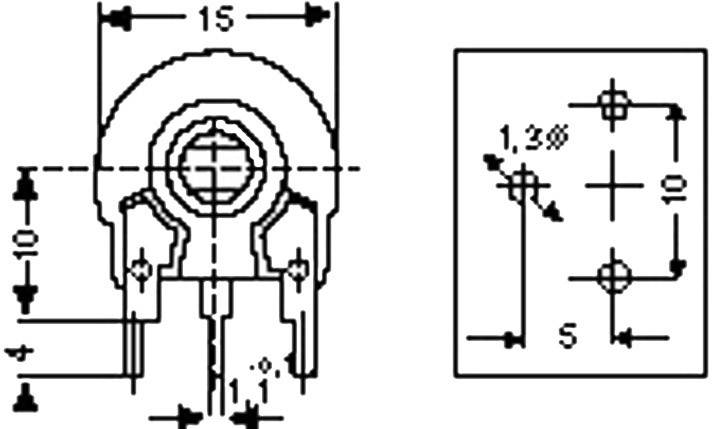 Schéma d'un composant électronique avec dimensions : 15 mm de largeur, 10 mm de hauteur. Montre le schéma de câblage et la configuration des broches.