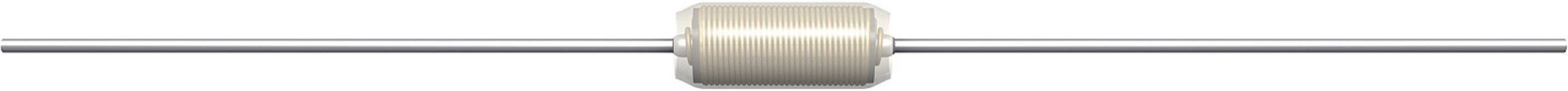 Un résistance cylindrique au corps de couleur beige, avec deux longues connexions de fil de chaque côté.