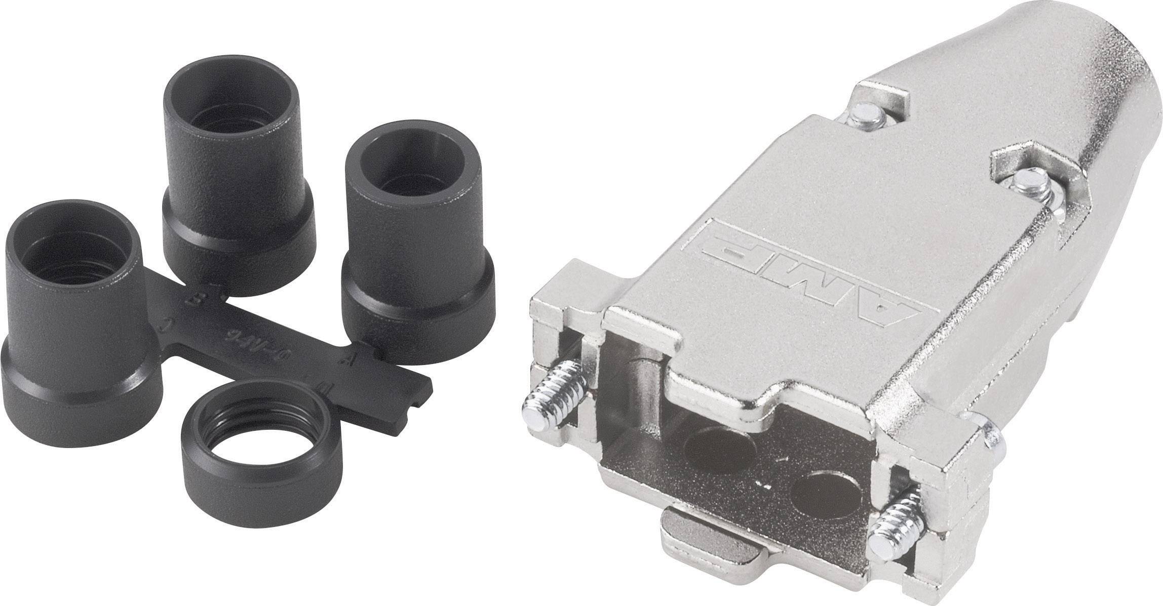 Boîtier de connecteur métallique avec trois pièces de connexion noires. Le boîtier dispose de deux ouvertures et de vis sur les côtés.