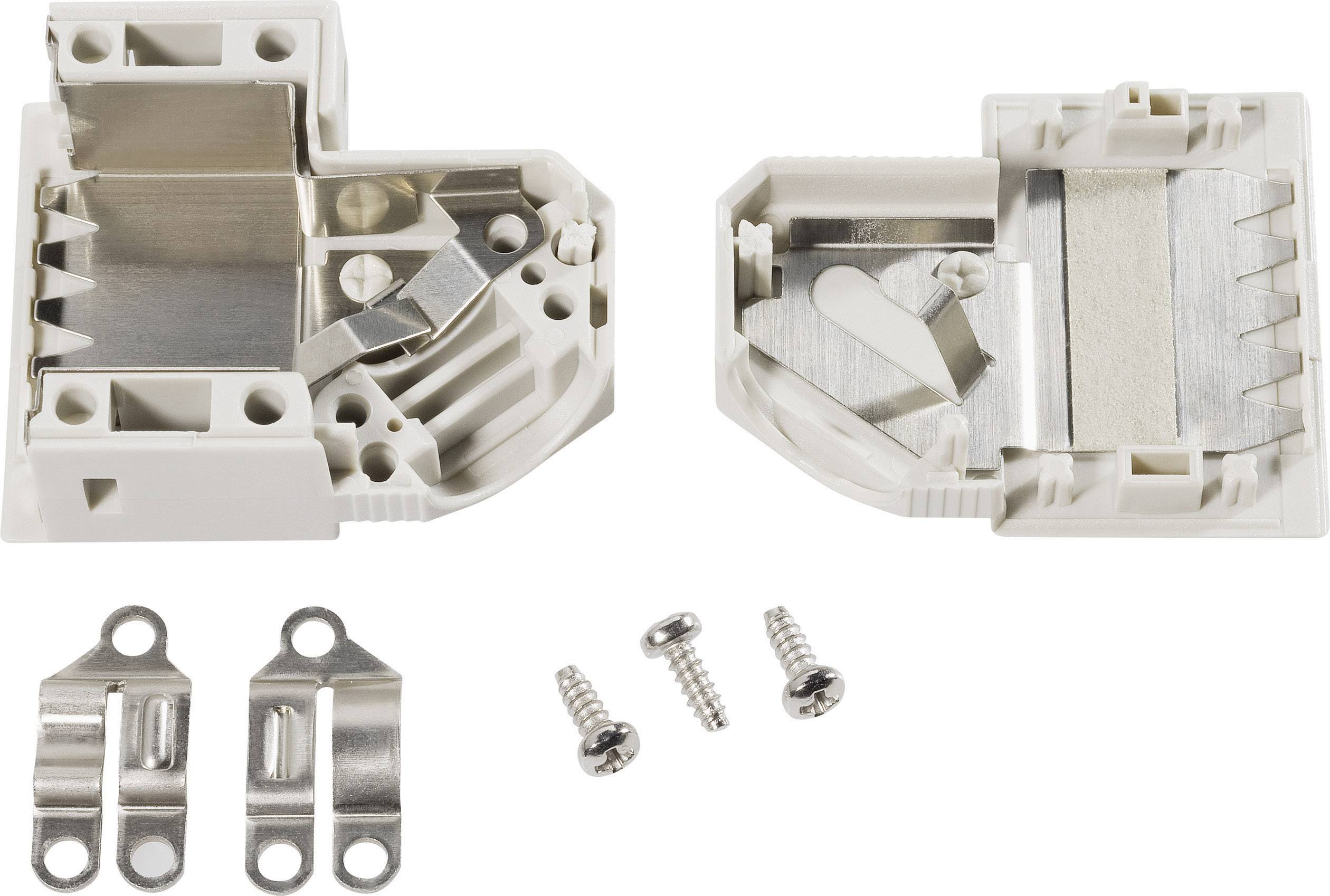 Deux boîtiers blancs en plastique ouverts avec des pièces métalliques et deux plaques de support, ainsi que trois vis sur un fond blanc.