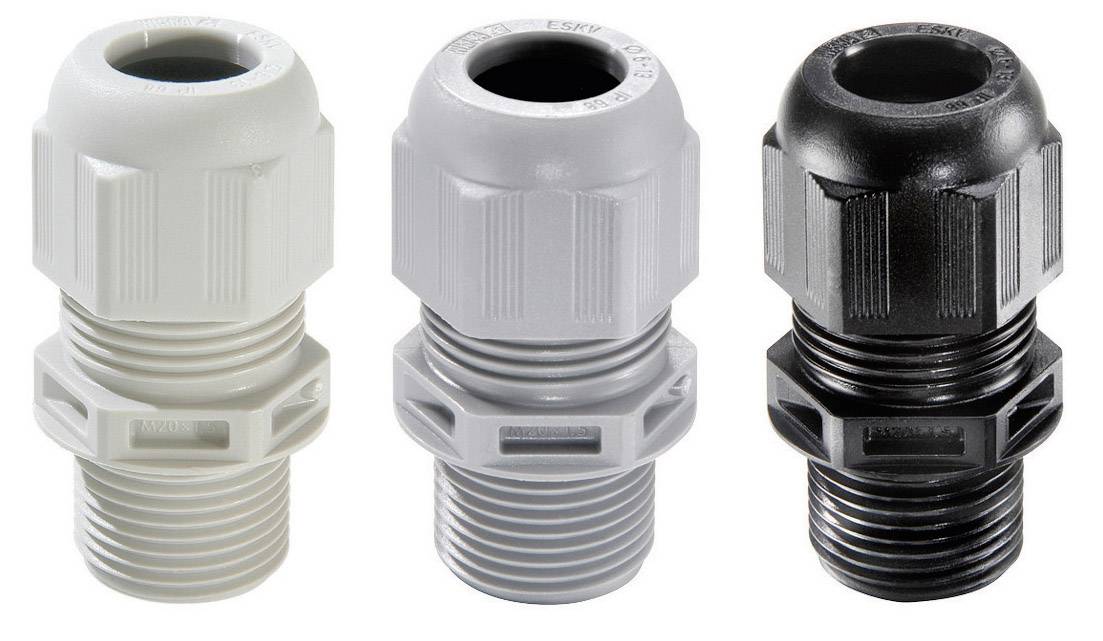 Trois presse-étoupes de câbles de différentes couleurs (blanc, gris, noir), placés côte à côte. Ils présentent des surfaces striées.