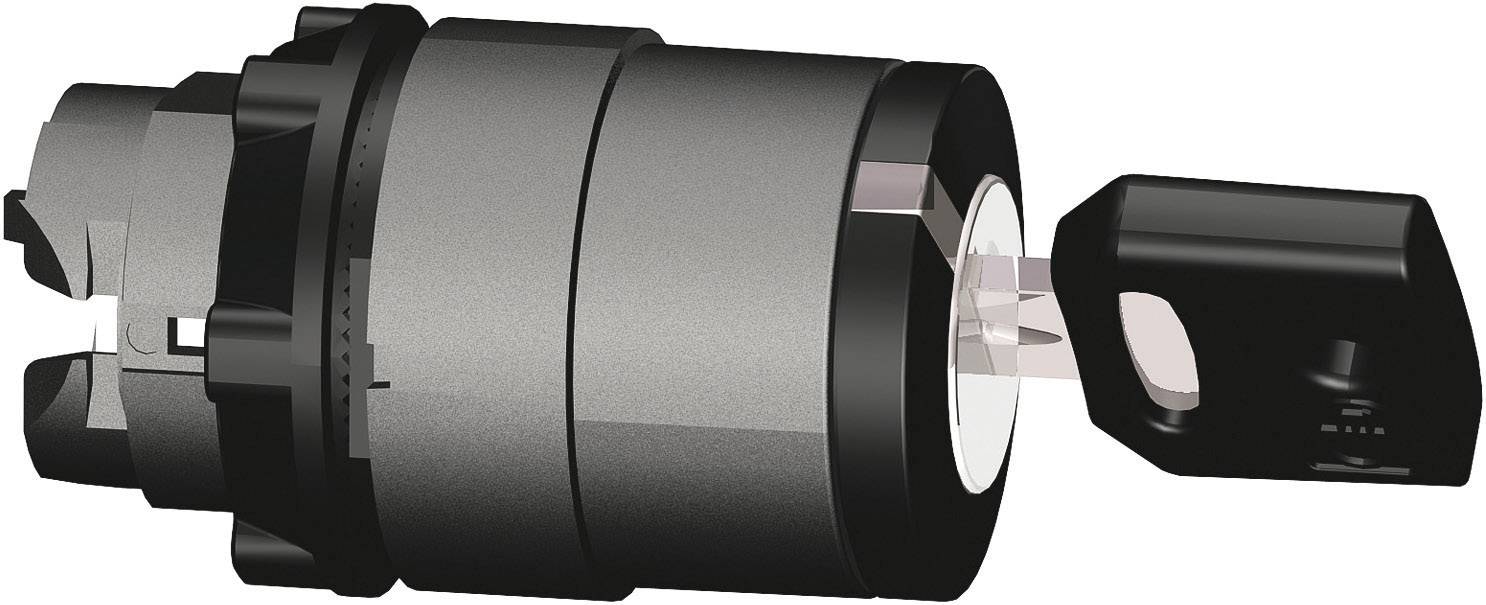 Une serrure cylindrique avec sa clé correspondante, représentée dans un écorché technique, montre les composants internes de la serrure.