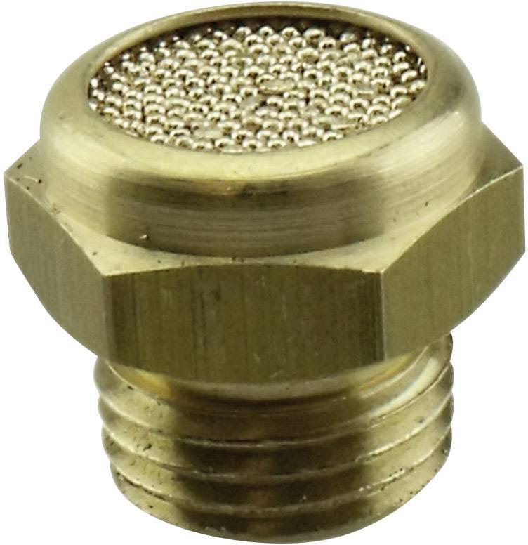 Silencieux en laiton avec filetage hexagonal extérieur et tamis rond. Utilisé pour réduire le bruit dans les systèmes pneumatiques.