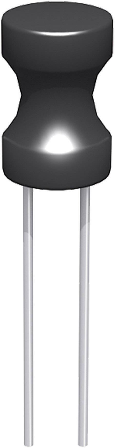 Un composant électronique noir cylindrique avec deux pattes métalliques, typiquement un condensateur ou une résistance, sur un fond blanc.