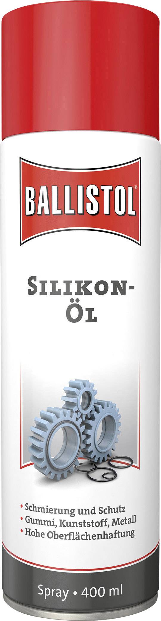 Un aérosol Ballistol Huile de Silicone à couvercle rouge, adapté pour le caoutchouc, le plastique et le métal. Contient 400 ml.