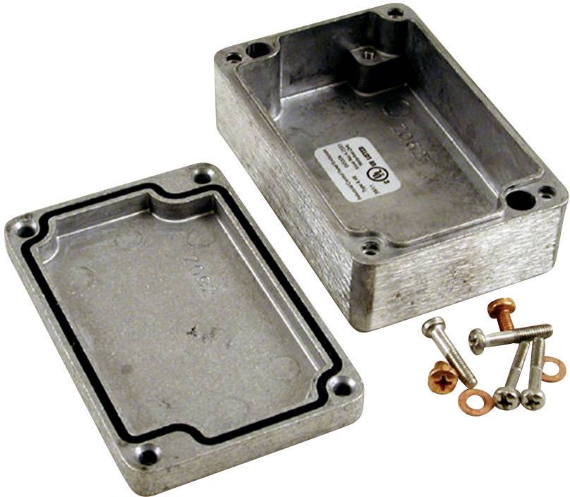 Boîtier rectangulaire en aluminium gris, composé d'une base et d'un couvercle, à côté desquels se trouvent six vis de différentes longueurs et matériaux.