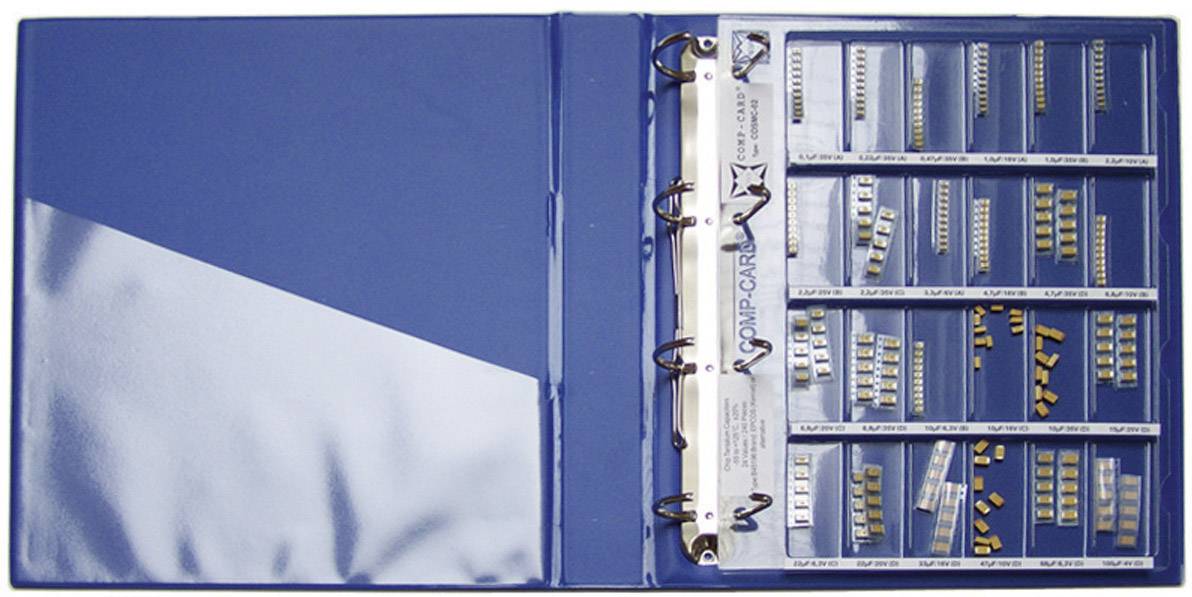 Classeur bleu avec pochettes en plastique contenant et étiquetant divers petits composants électroniques, tels que des résistances, triés et organisés.