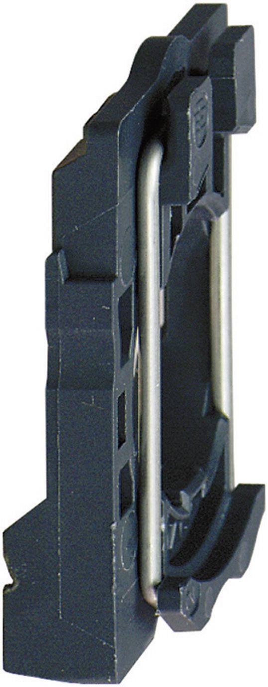 Pièce technique en plastique noir de forme rectangulaire, munie d'un étrier métallique à l'arrière, probablement un composant ou un support technique.