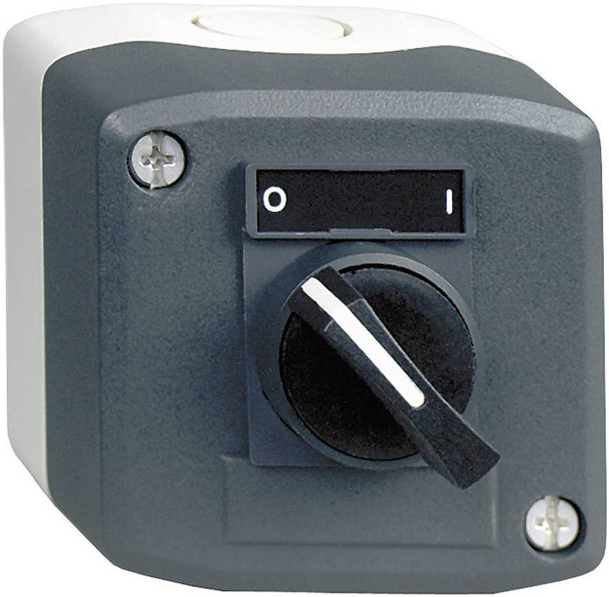 Un interrupteur à bascule noir avec les positions '0' et '1' sur un fond gris, fixé avec des vis dans les coins.