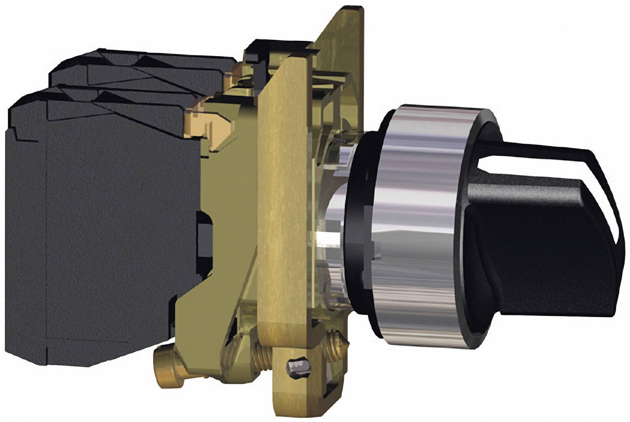 Un interrupteur électrique en coupe transversale montre ses composants internes. Principalement en noir et bronze, avec un habillage argenté.