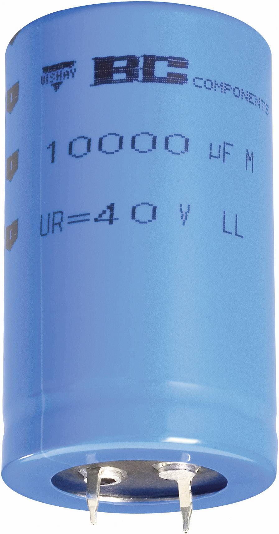 Condensateur électrolytique bleu avec marquage '10000 µF, 40 V'. Deux broches de connexion en bas. Nom de marque 'BC Components' visible.